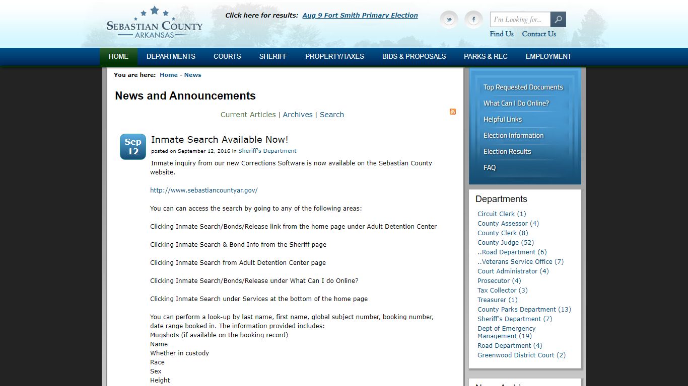 Inmate Search Available Now! > Sebastian County Government > News